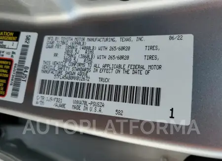 TOYOTA TUNDRA CRE 2022 vin 5TFLA5AB0NX012672 from auto auction Copart