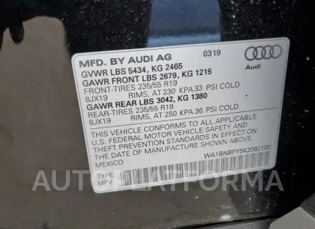 AUDI Q5 PREMIUM 2019 vin WA1BNBFY5K2092100 from auto auction Copart