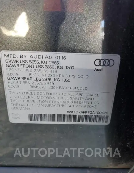 AUDI Q5 PREMIUM 2016 vin WA1D7AFP7GA100425 from auto auction Copart