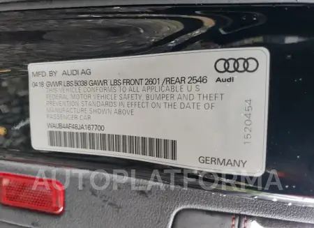 AUDI S4 PREMIUM 2018 vin WAUB4AF48JA167700 from auto auction Copart