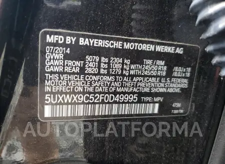 BMW X3 XDRIVE2 2015 vin 5UXWX9C52F0D49995 from auto auction Copart