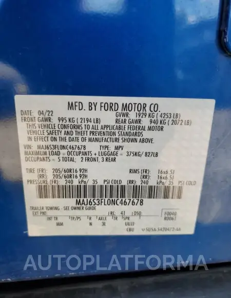 FORD ECOSPORT S 2022 vin MAJ6S3FL0NC467678 from auto auction Copart