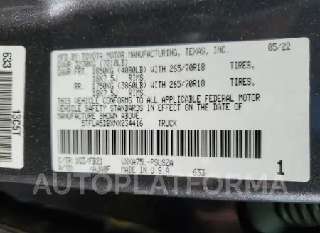 TOYOTA TUNDRA CRE 2022 vin 5TFLA5DBXNX034416 from auto auction Copart