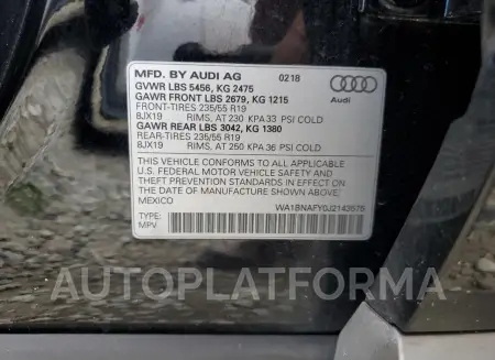 AUDI Q5 PREMIUM 2018 vin WA1BNAFY0J2143575 from auto auction Copart