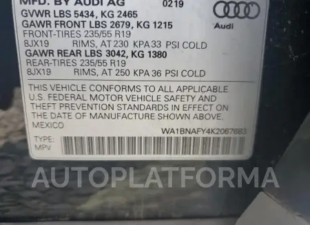 AUDI Q5 PREMIUM 2019 vin WA1BNAFY4K2067683 from auto auction Copart