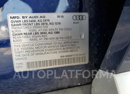 AUDI Q5 PREMIUM 2018 vin WA1BNAFY7J2184107 from auto auction Copart