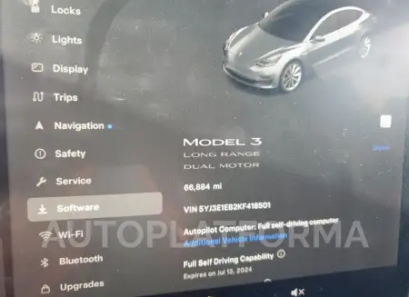 TESLA MODEL 3 2019 vin 5YJ3E1EB2KF418501 from auto auction Copart