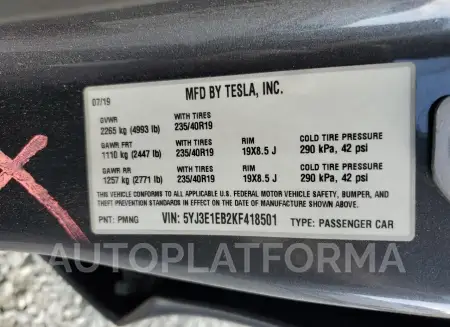 TESLA MODEL 3 2019 vin 5YJ3E1EB2KF418501 from auto auction Copart