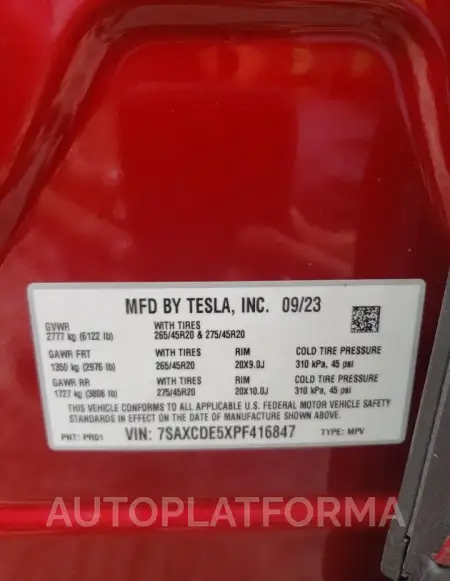 TESLA MODEL X 2023 vin 7SAXCDE5XPF416847 from auto auction Copart