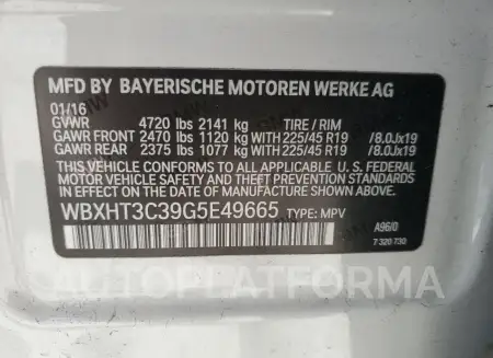 BMW X1 XDRIVE2 2016 vin WBXHT3C39G5E49665 from auto auction Copart