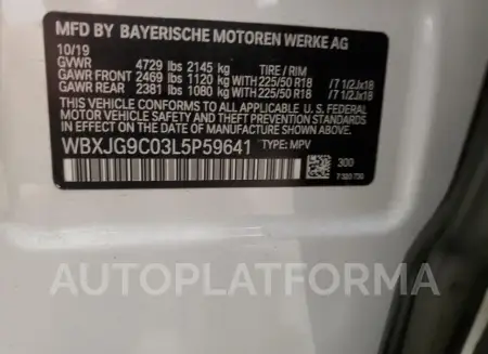 BMW X1 XDRIVE2 2020 vin WBXJG9C03L5P59641 from auto auction Copart