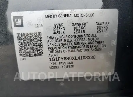 CHEVROLET BOLT EV LT 2020 vin 1G1FY6S0XL4108330 from auto auction Copart