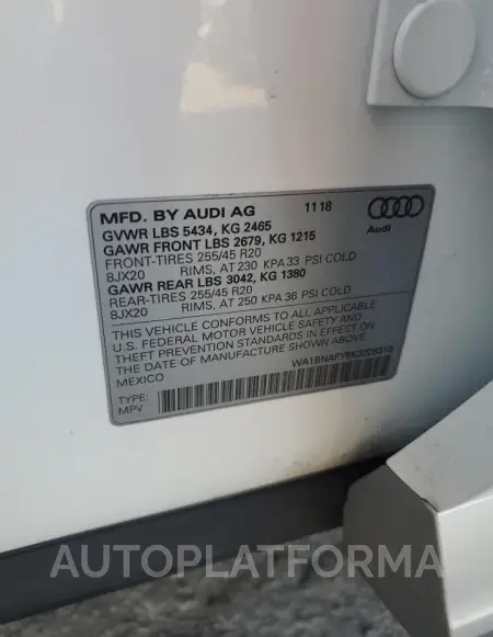 AUDI Q5 PREMIUM 2019 vin WA1BNAFY8K2028319 from auto auction Copart