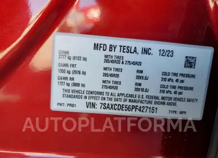 TESLA MODEL X 2023 vin 7SAXCDE56PF427151 from auto auction Copart