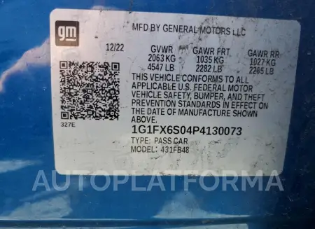 CHEVROLET BOLT EV 2L 2023 vin 1G1FX6S04P4130073 from auto auction Copart