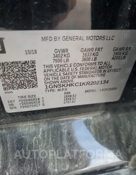 CHEVROLET SUBURBAN K 2019 vin 1GNSKHKC1KR202134 from auto auction Copart