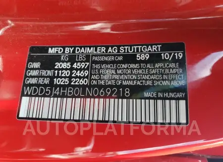 MERCEDES-BENZ CLA 250 4M 2020 vin WDD5J4HB0LN069218 from auto auction Copart