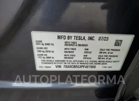 TESLA MODEL X 2023 vin 7SAXCBE63PF407906 from auto auction Copart