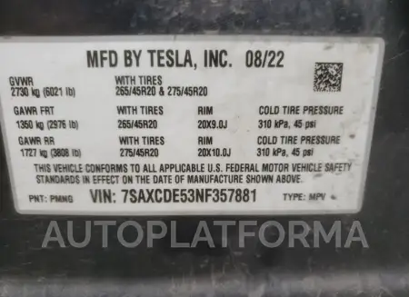 TESLA MODEL X 2022 vin 7SAXCDE53NF357881 from auto auction Copart