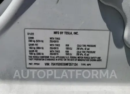 TESLA MODEL Y 2022 vin 7SAYGDEE6NF357124 from auto auction Copart