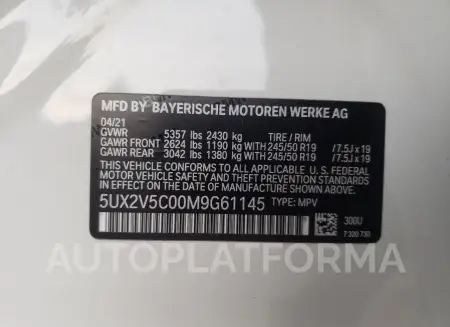 BMW X4 XDRIVEM 2021 vin 5UX2V5C00M9G61145 from auto auction Copart