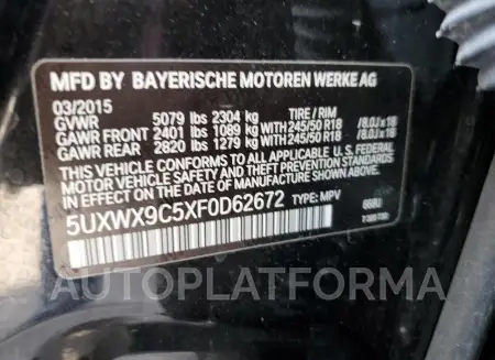 BMW X3 XDRIVE2 2015 vin 5UXWX9C5XF0D62672 from auto auction Copart