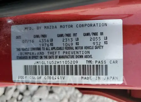 MAZDA 6 sport 2017 vin JM1GL1U52H1105209 from auto auction Copart