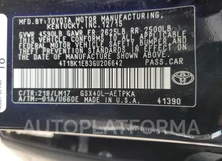 TOYOTA AVALON XLE 2016 vin 4T1BK1EB3GU206642 from auto auction Copart