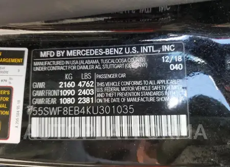 MERCEDES-BENZ C 300 4MAT 2019 vin 55SWF8EB4KU301035 from auto auction Copart