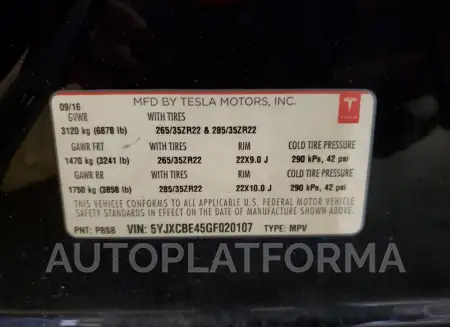 TESLA MODEL X 2016 vin 5YJXCBE45GF020107 from auto auction Copart