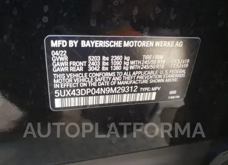 BMW X3 SDRIVE3 2022 vin 5UX43DP04N9M29312 from auto auction Copart