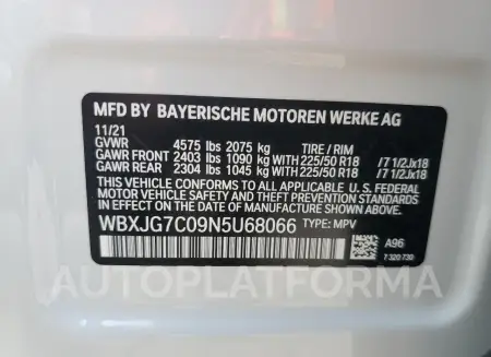 BMW X1 SDRIVE2 2022 vin WBXJG7C09N5U68066 from auto auction Copart