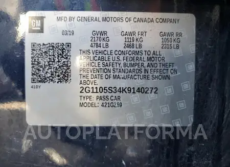 CHEVROLET IMPALA PRE 2019 vin 2G1105S34K9140272 from auto auction Copart