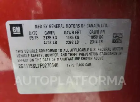 CHEVROLET IMPALA LT 2015 vin 2G1115SL7F9270646 from auto auction Copart