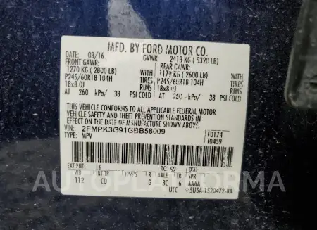 FORD EDGE SE 2016 vin 2FMPK3G91GBB58009 from auto auction Copart