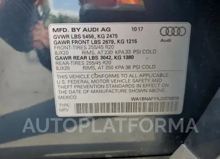 AUDI Q5 PREMIUM 2018 vin WA1BNAFYXJ2076838 from auto auction Copart