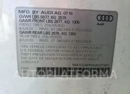 AUDI SQ5 PREMIU 2017 vin WA1CCAFP0HA027441 from auto auction Copart