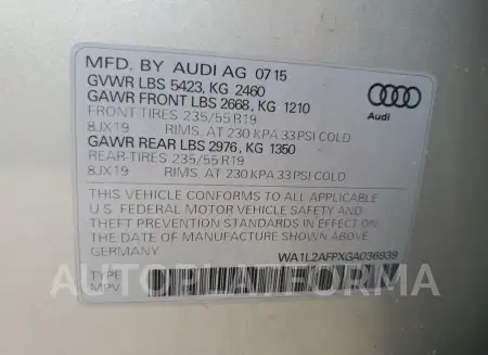 AUDI Q5 PREMIUM 2016 vin WA1L2AFPXGA036939 from auto auction Copart