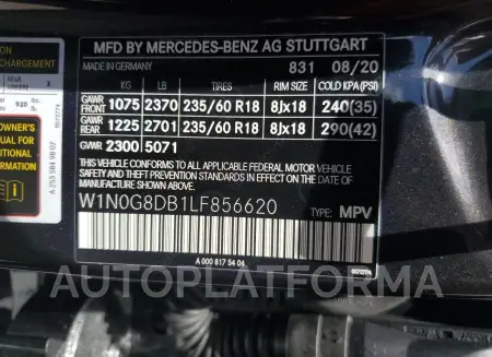 MERCEDES-BENZ GLC 300 2020 vin W1N0G8DB1LF856620 from auto auction Copart