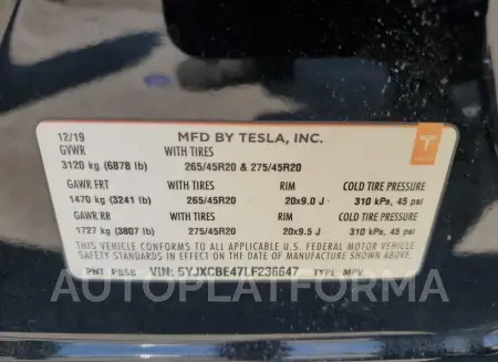 TESLA MODEL X 2020 vin 5YJXCBE47LF236647 from auto auction Copart