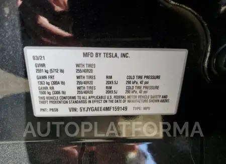 TESLA MODEL Y 2021 vin 5YJYGAEE4MF159149 from auto auction Copart