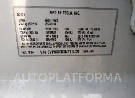 TESLA MODEL Y 2021 vin 5YJYGDEDXMF111020 from auto auction Copart