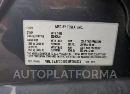 TESLA MODEL Y 2021 vin 5YJYGDEE7MF091074 from auto auction Copart