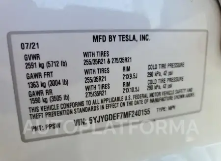 TESLA MODEL Y 2021 vin 5YJYGDEF7MF240155 from auto auction Copart