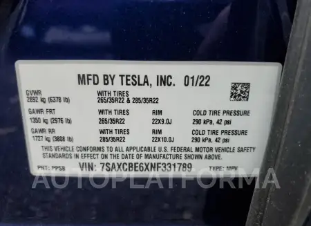 TESLA MODEL X 2022 vin 7SAXCBE6XNF331789 from auto auction Copart