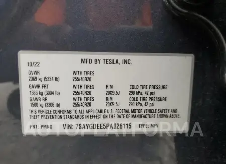 TESLA MODEL Y 2023 vin 7SAYGDEE5PA026115 from auto auction Copart