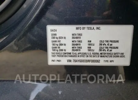 TESLA MODEL Y 2024 vin 7SAYGDEE8RF080062 from auto auction Copart