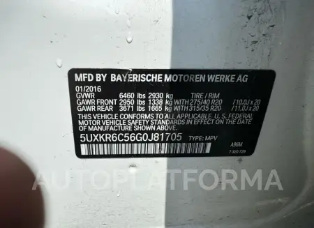 BMW X5 XDRIVE5 2016 vin 5UXKR6C56G0J81705 from auto auction Copart