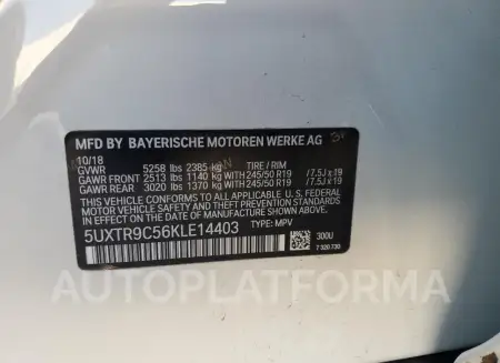 BMW X3 XDRIVE3 2019 vin 5UXTR9C56KLE14403 from auto auction Copart