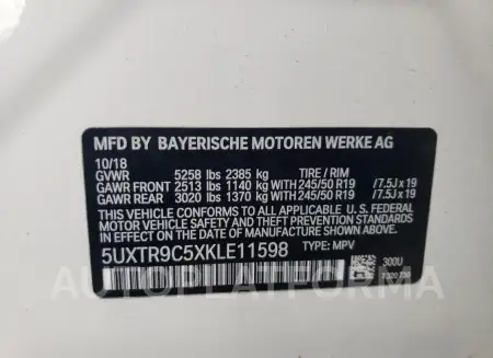 BMW X3 XDRIVE3 2019 vin 5UXTR9C5XKLE11598 from auto auction Copart